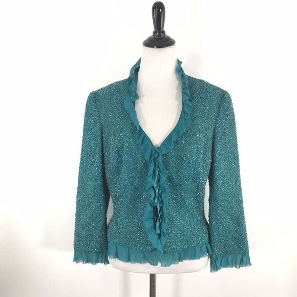 Carmen Marc Valvo Signature Green Jacket 10 Embellished‎ Ruffles